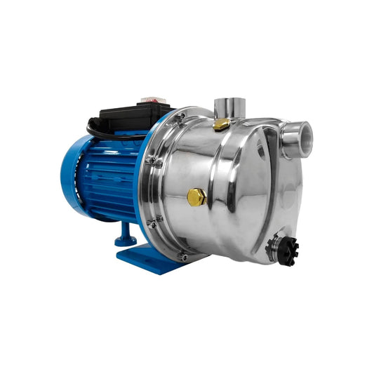 Bomba de agua periférica 1/2 HP con motor azul y cuerpo de acero inoxidable, con base metálica.