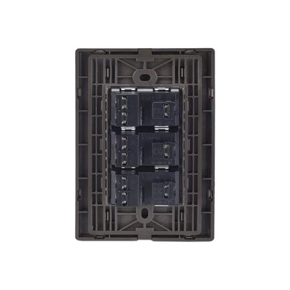 Base eléctrica modular Igoto 3 módulos, parte trasera con terminales para conexiones, plástico gris oscuro 16A
