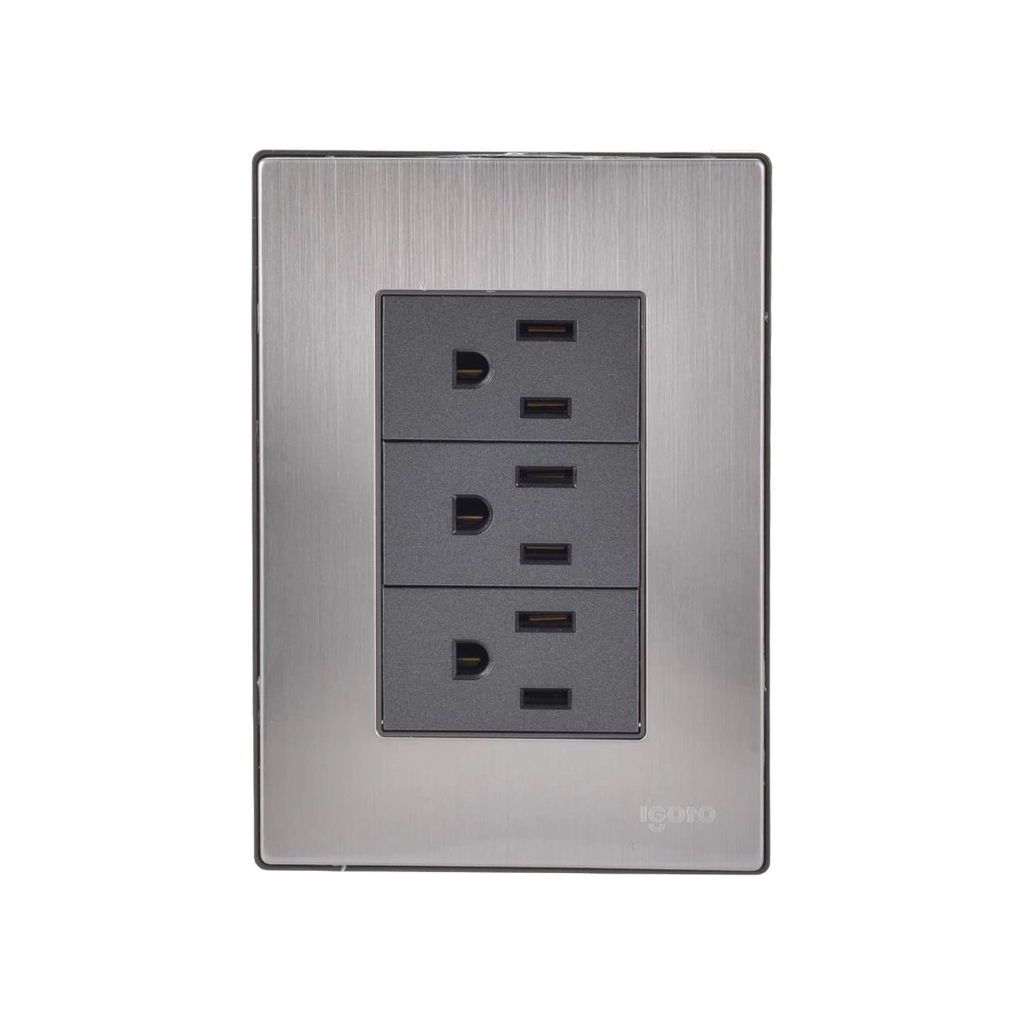 Placa eléctrica de pared Igoto con 3 tomas de corriente universales, acabado acero inoxidable cepillado