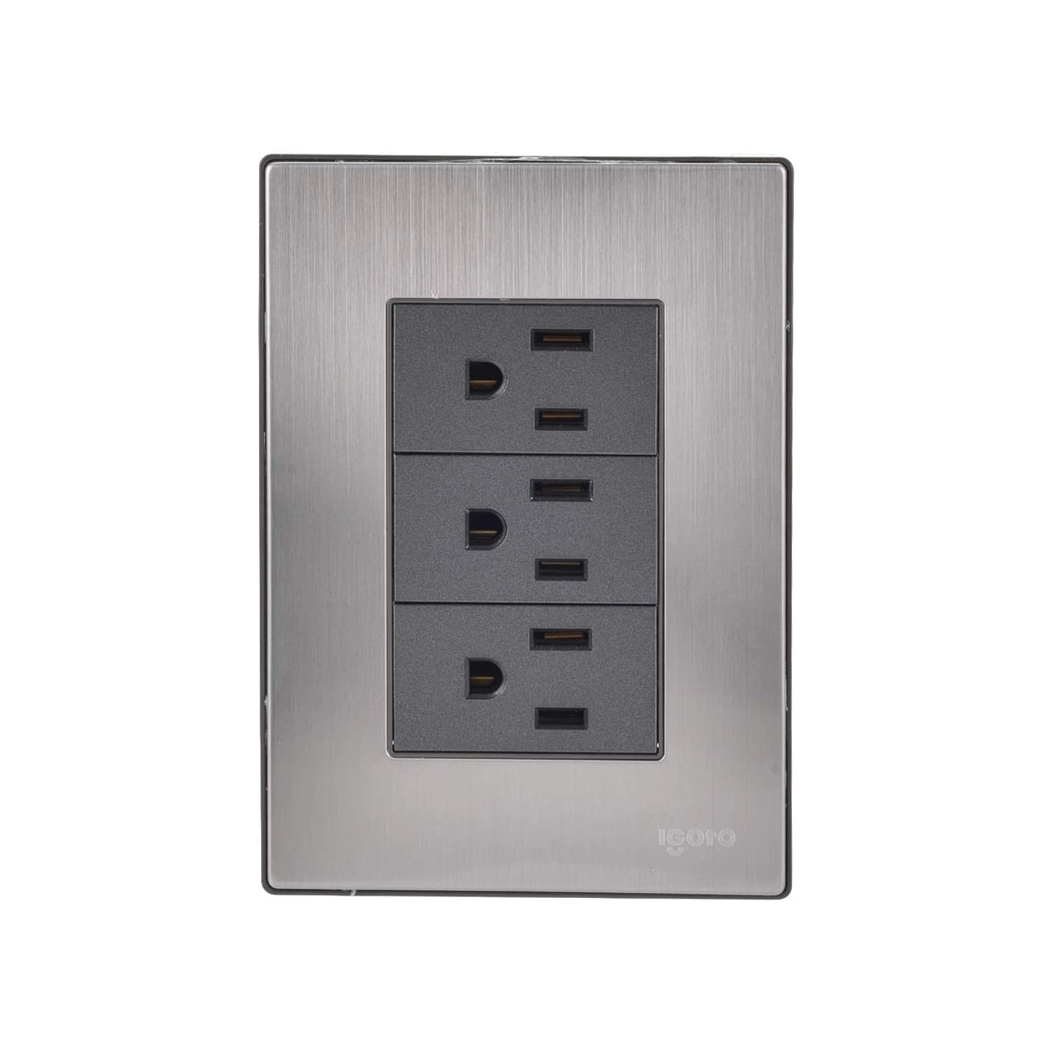 Placa eléctrica de pared Igoto con 3 tomas de corriente universales, acabado acero inoxidable cepillado