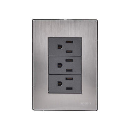 Placa eléctrica de pared Igoto con 3 tomas de corriente universales, acabado acero inoxidable cepillado