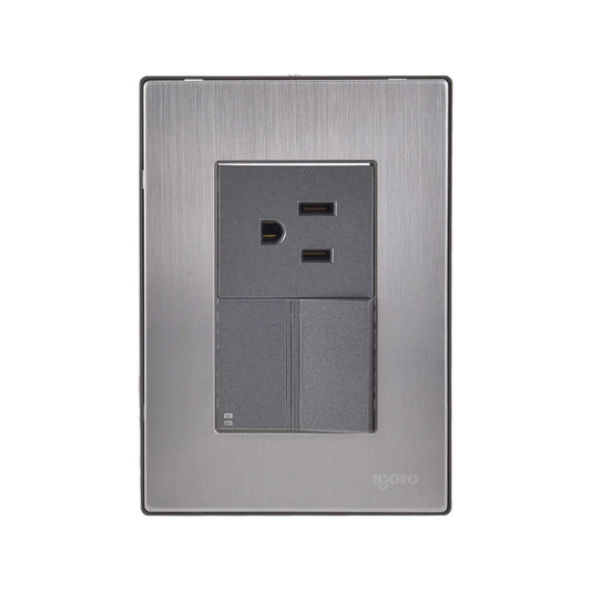 Placa eléctrica modular igoto con contacto dúplex, 2 puertos USB y 2 apagadores, acero inoxidable cepillado gris.