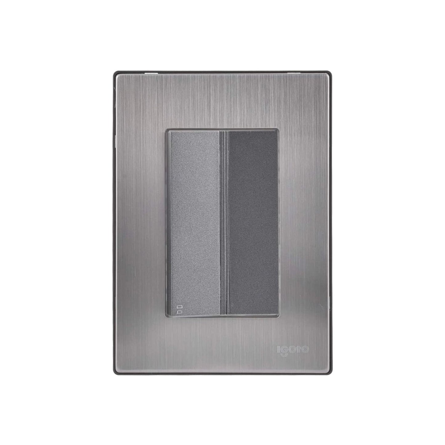 Placa Igoto doble apagador, acero inoxidable cepillado, color plateado y botones grises.