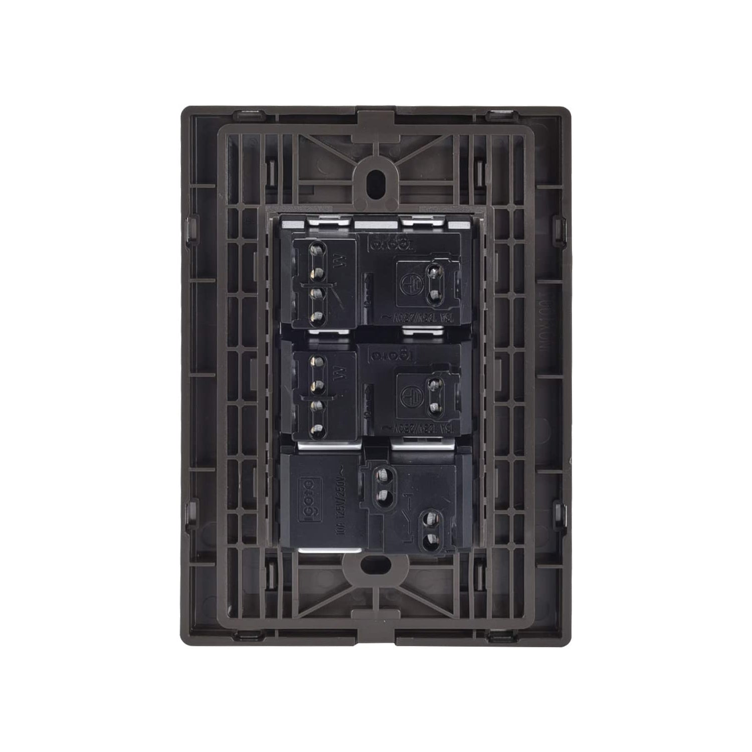 Placa posterior GOTO para 3 interruptores eléctricos 15A 125V/250V~, montaje modular, color marrón oscuro