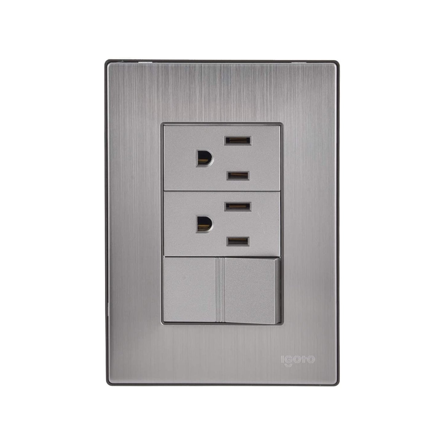 Placa eléctrica de pared Igoto con 2 tomas de corriente, 2 USB y 2 interruptores, acero inoxidable cepillado