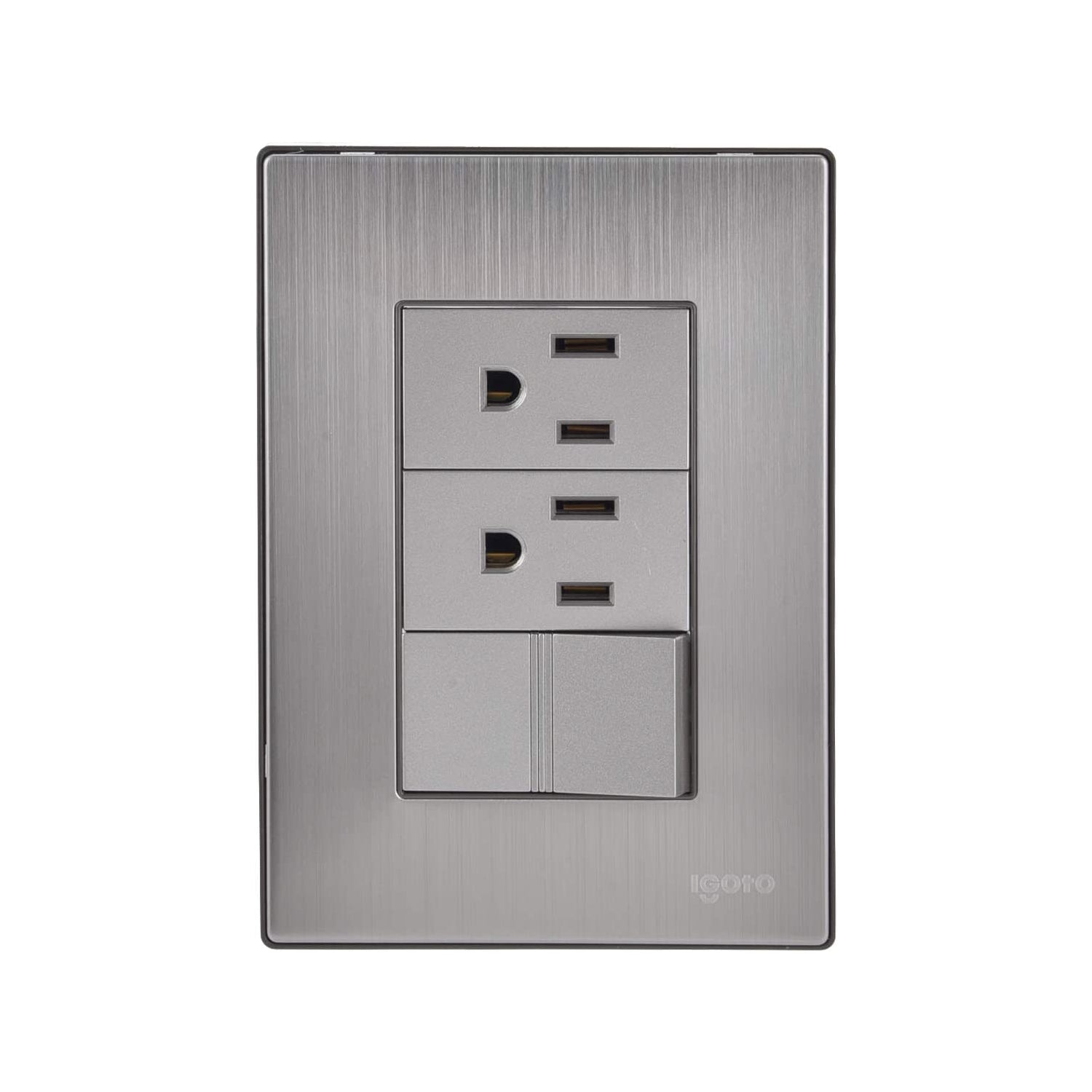 Placa eléctrica de pared Igoto con 2 tomas de corriente, 2 USB y 2 interruptores, acero inoxidable cepillado
