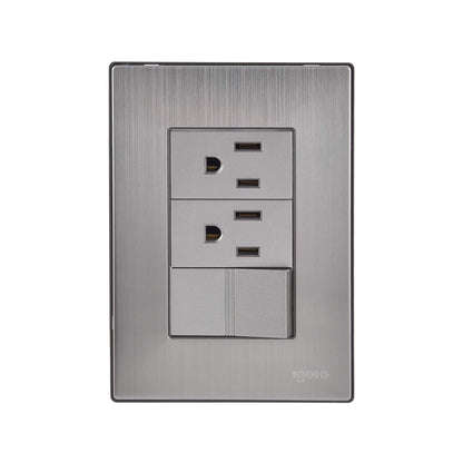 Placa eléctrica de pared Igoto con 2 tomas de corriente, 2 USB y 2 interruptores, acero inoxidable cepillado