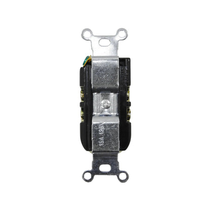 Apagador eléctrico estándar 15A 125V, montaje en pared, color plateado y negro.