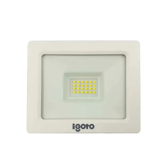 Reflector LED iGoto de 20W luz fría con carcasa blanca, ideal para iluminación exterior de alta eficiencia.