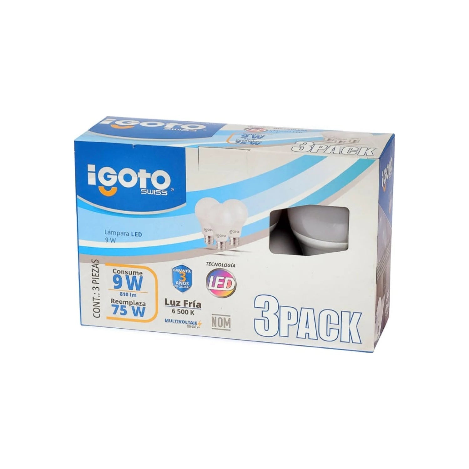 Focos LED Igoto 9W luz fría 6500K, paquete de 3 piezas, 810lm, reemplaza 75W, eficiencia energética.