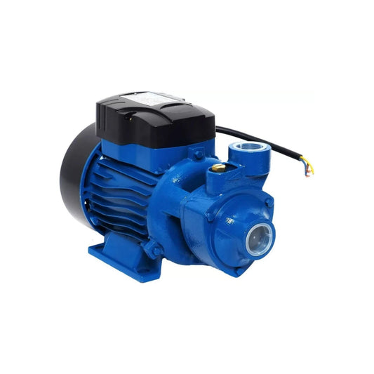 Bomba periférica de agua azul compacta con motor eléctrico, carcasa negra y conexiones de entrada/salida.