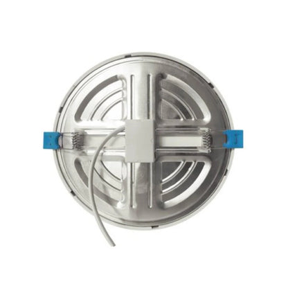 Lámpara panel LED redonda empotrable 15W, vista trasera metálica con clips azules para instalación en techo.