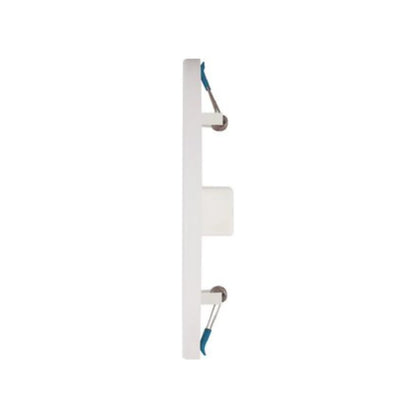 Panel LED empotrable blanco ultradelgado, vista lateral con clips de sujeción para techo.