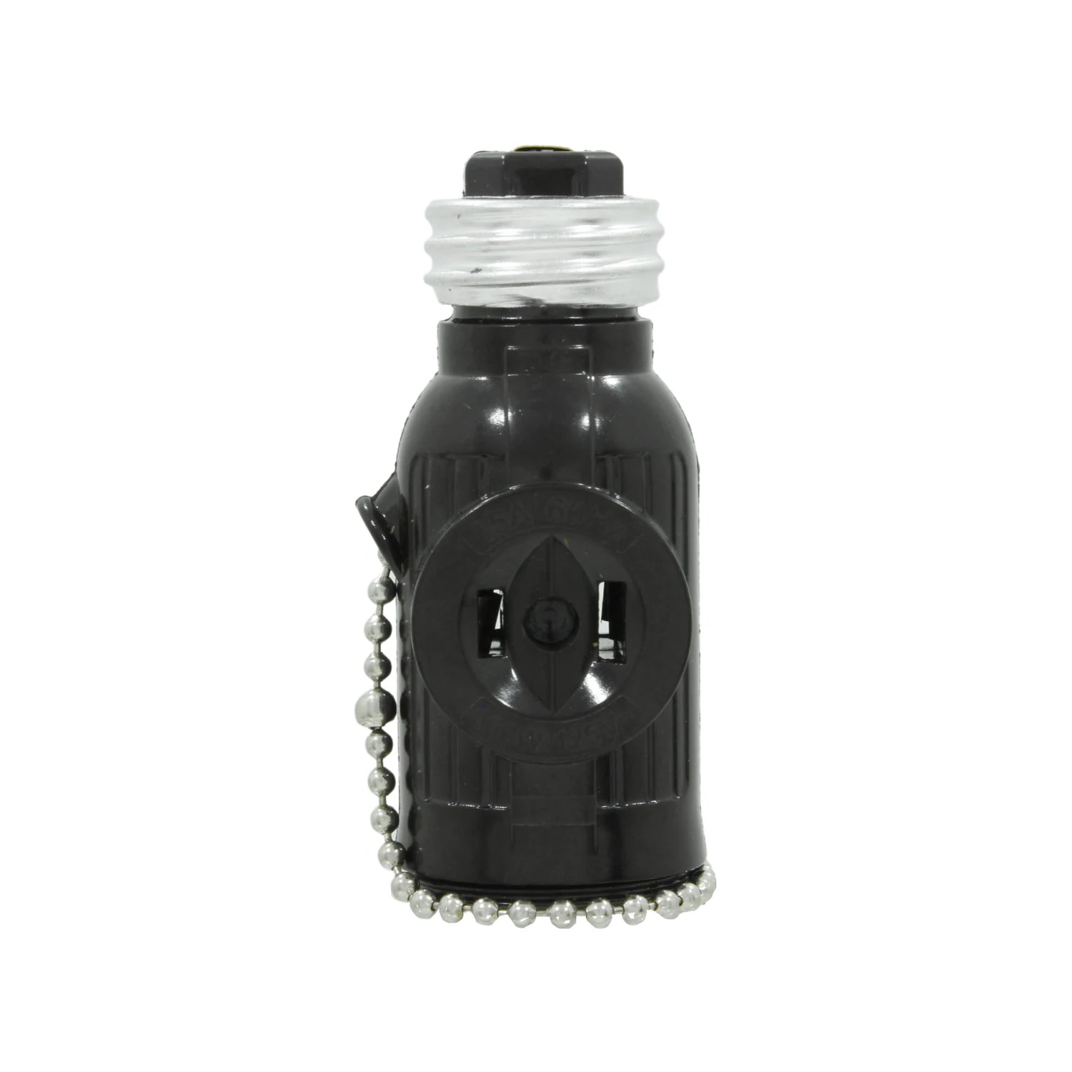 Socket adaptador negro con cadena con enchufe lateral. Convierte base E26 en toma de corriente o interruptor de foco.
