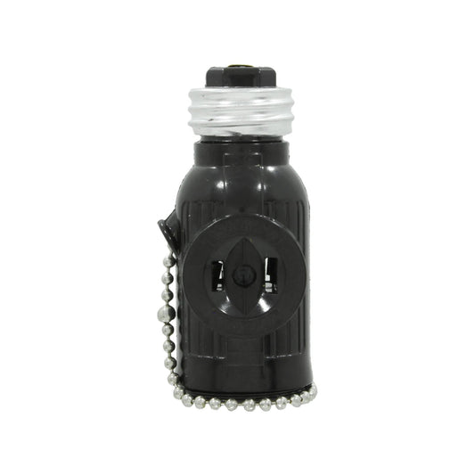 Socket adaptador negro con cadena con enchufe lateral. Convierte base E26 en toma de corriente o interruptor de foco.