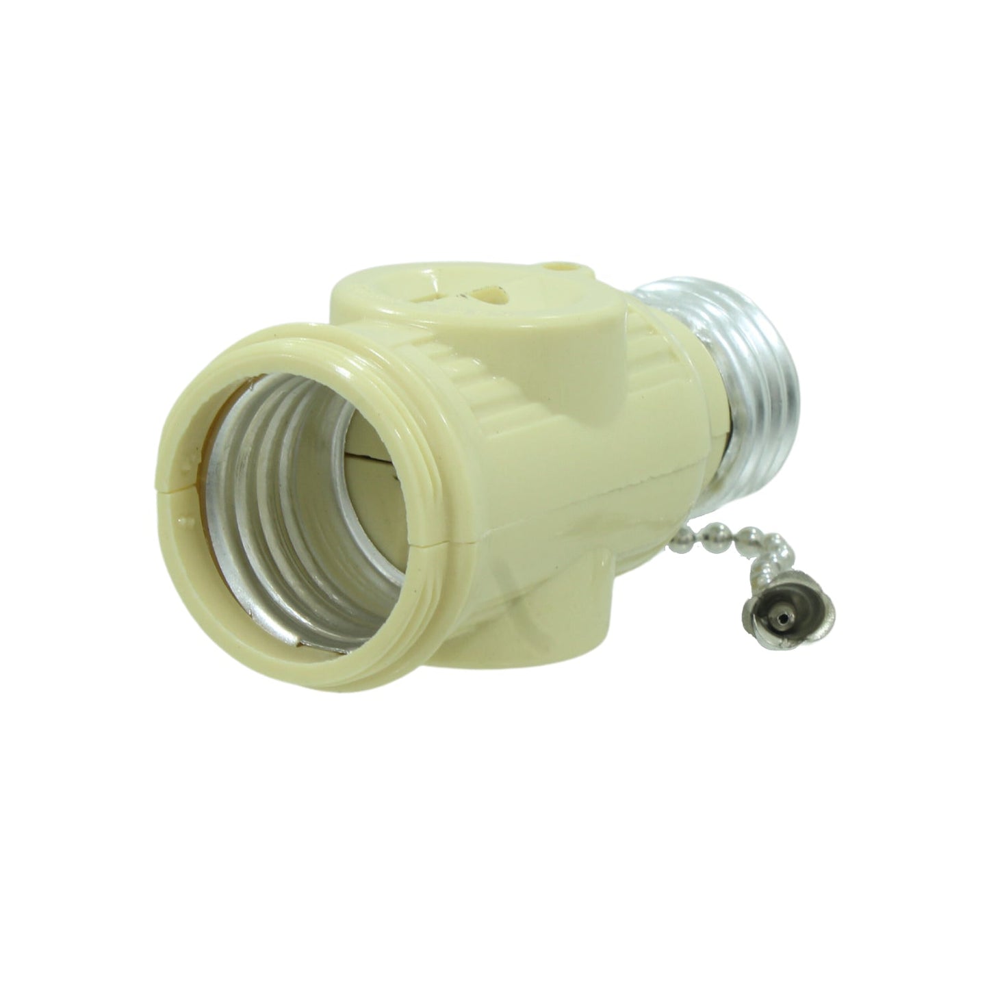 Socket adaptador ladrón marfil con cadena, dos salidas de energía y base roscable E26 para bombilla