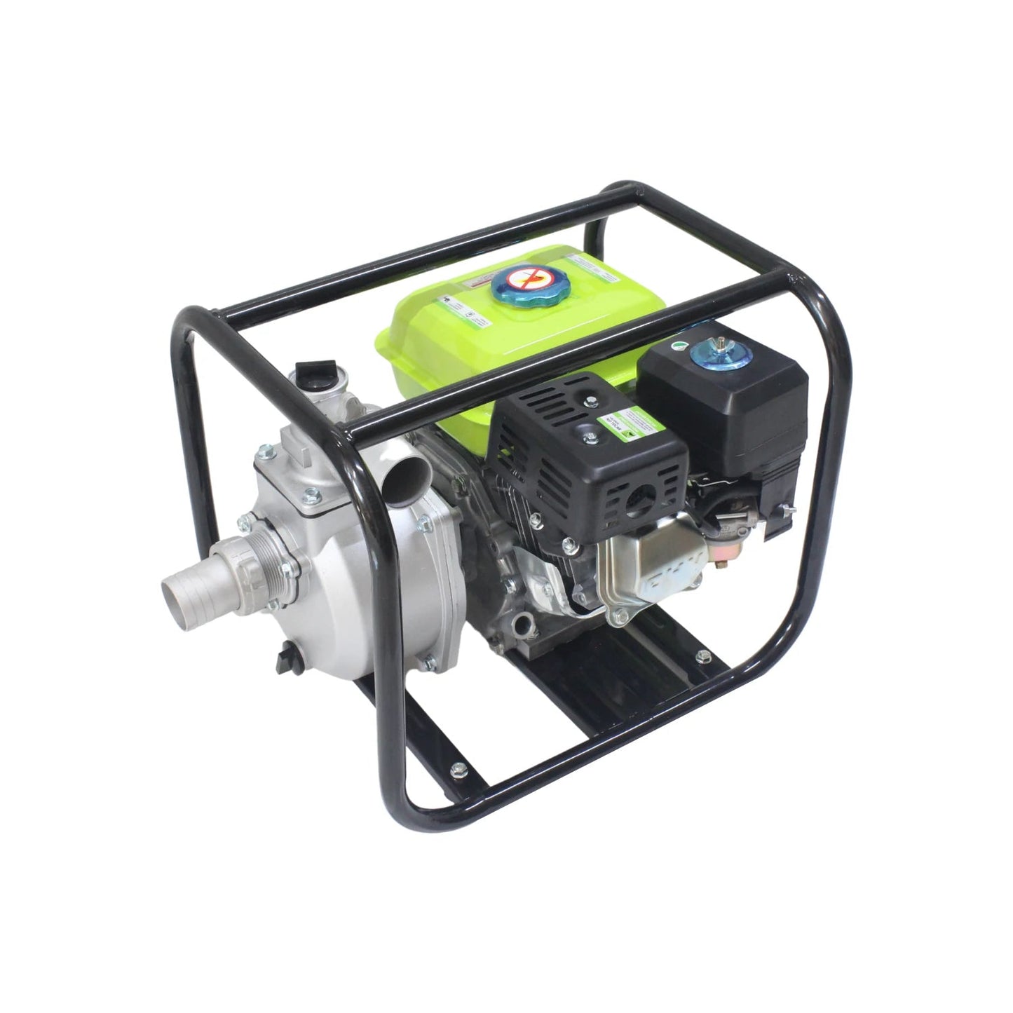 Motobomba de gasolina portátil con tanque de combustible verde, bomba de agua plateada y bastidor de protección negro.