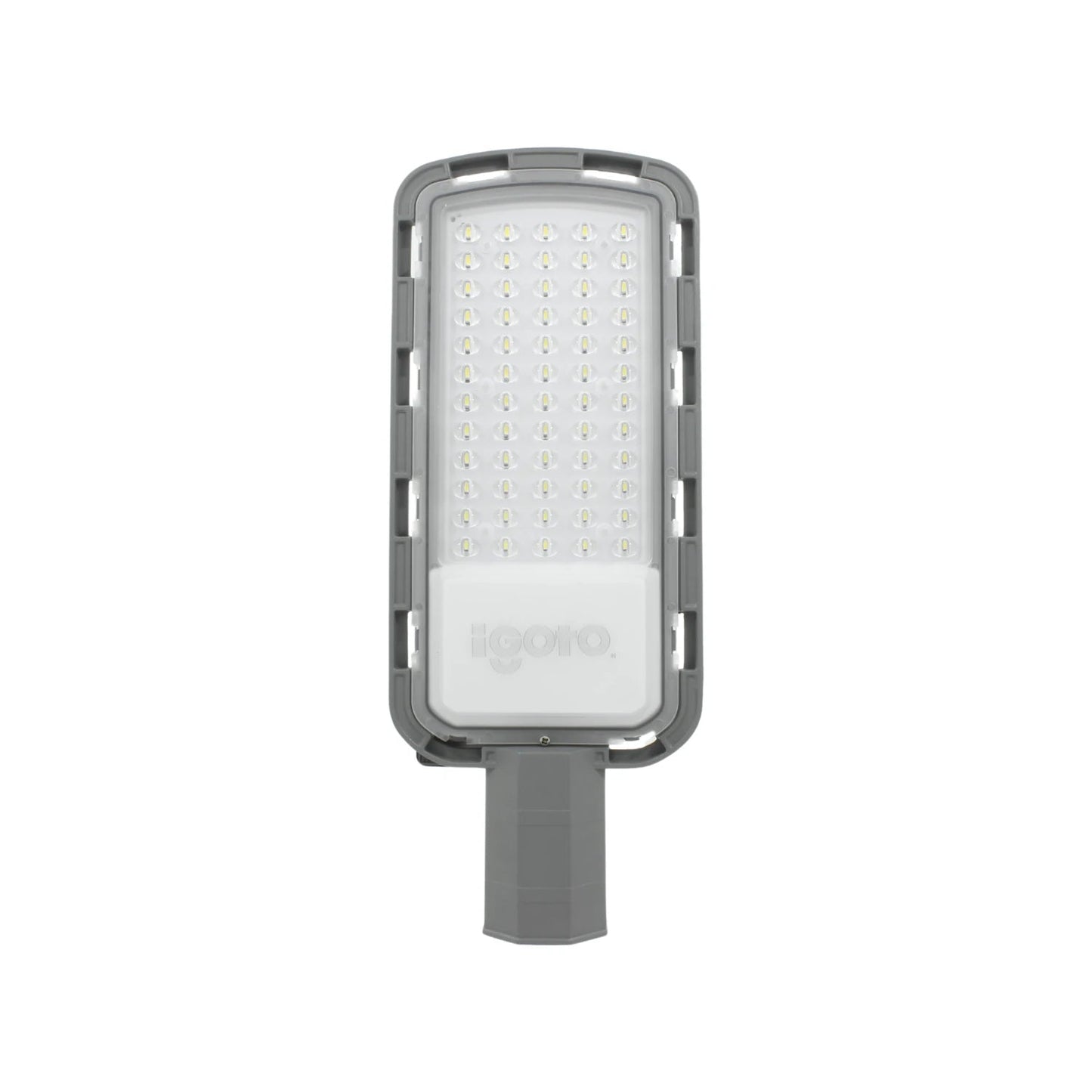 Reflector LED Igoto gris para alumbrado público con fotocelda; luminaria exterior de alta eficiencia.