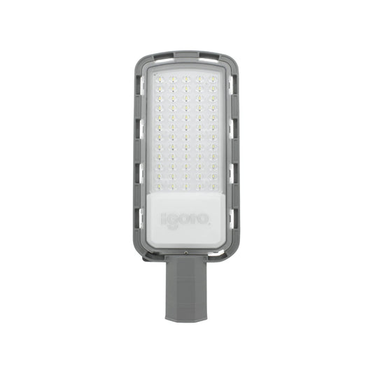 Reflector LED Igoto gris para alumbrado público con fotocelda; luminaria exterior de alta eficiencia.