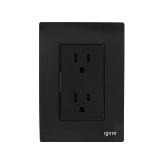 Placa eléctrica doble Igoto negra con dos tomas de corriente, diseño moderno y acabado brillante.