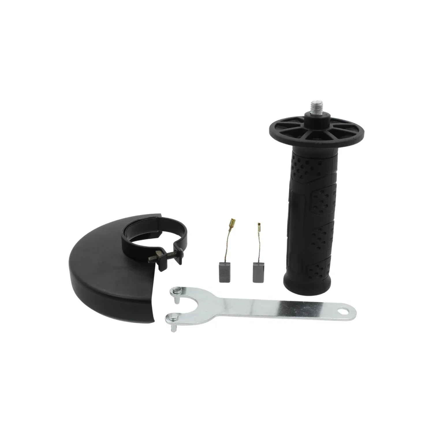 Kit de accesorios para esmeriladora angular: guarda de seguridad, mango lateral, carbones y llave de disco.