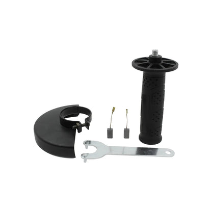 Kit de accesorios para esmeriladora angular: guarda de seguridad, mango lateral, carbones y llave de disco.