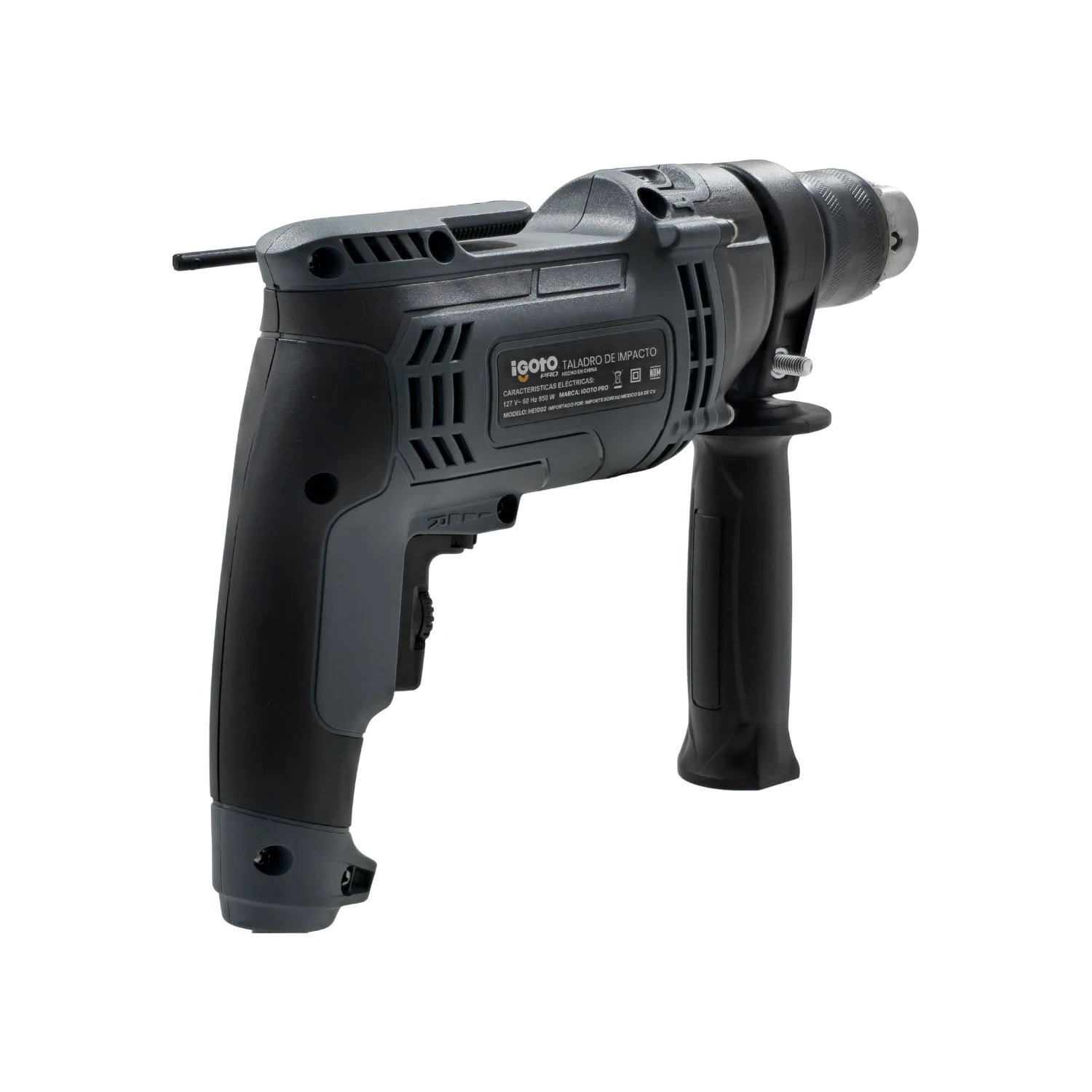 Rotomartillo Igoto PRO HE1002 850W, taladro de impacto 1/2 pulgada gris oscuro con mango auxiliar