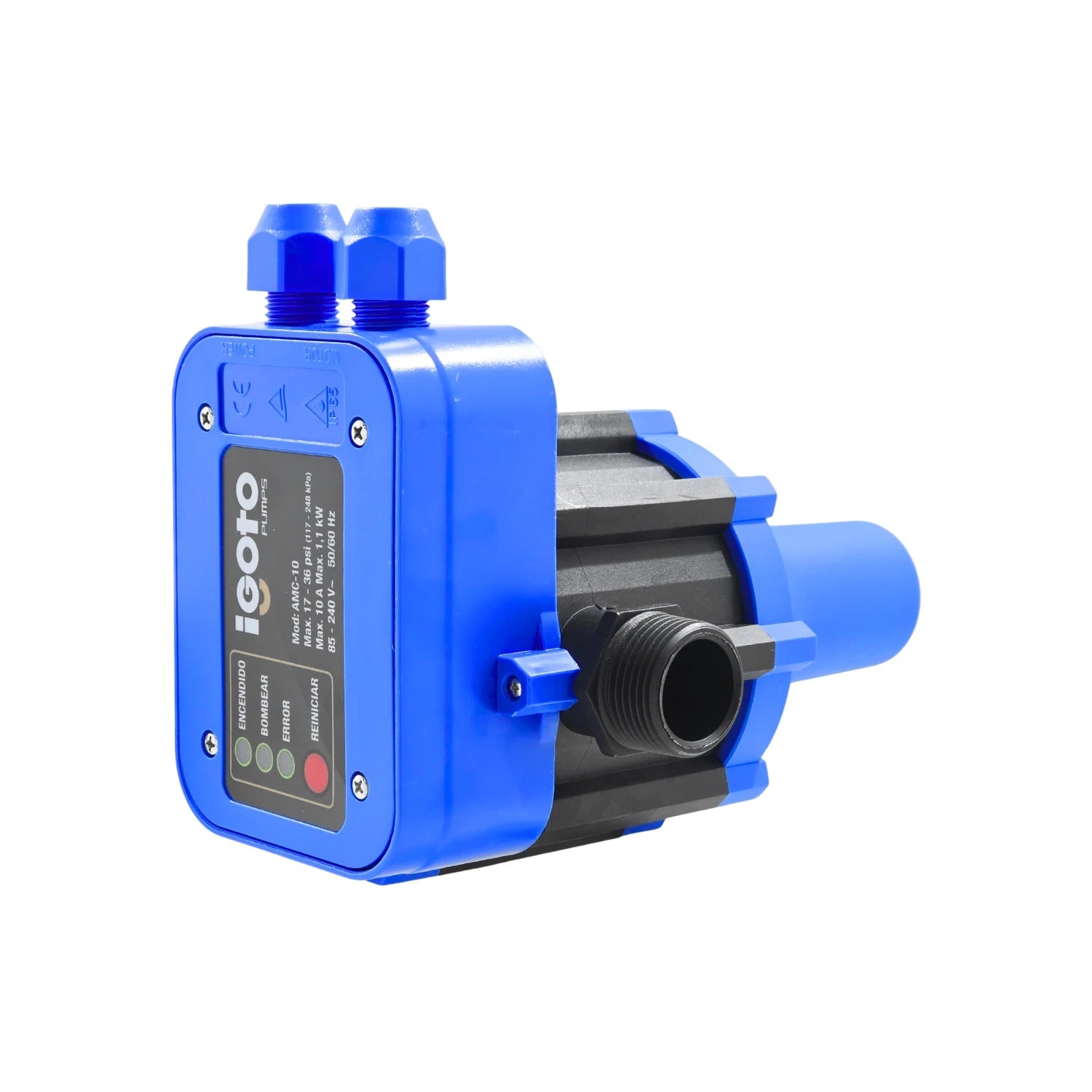 Controlador automático de bomba Igoto AMC-10 azul, presostato electrónico para automatizar bombas de agua