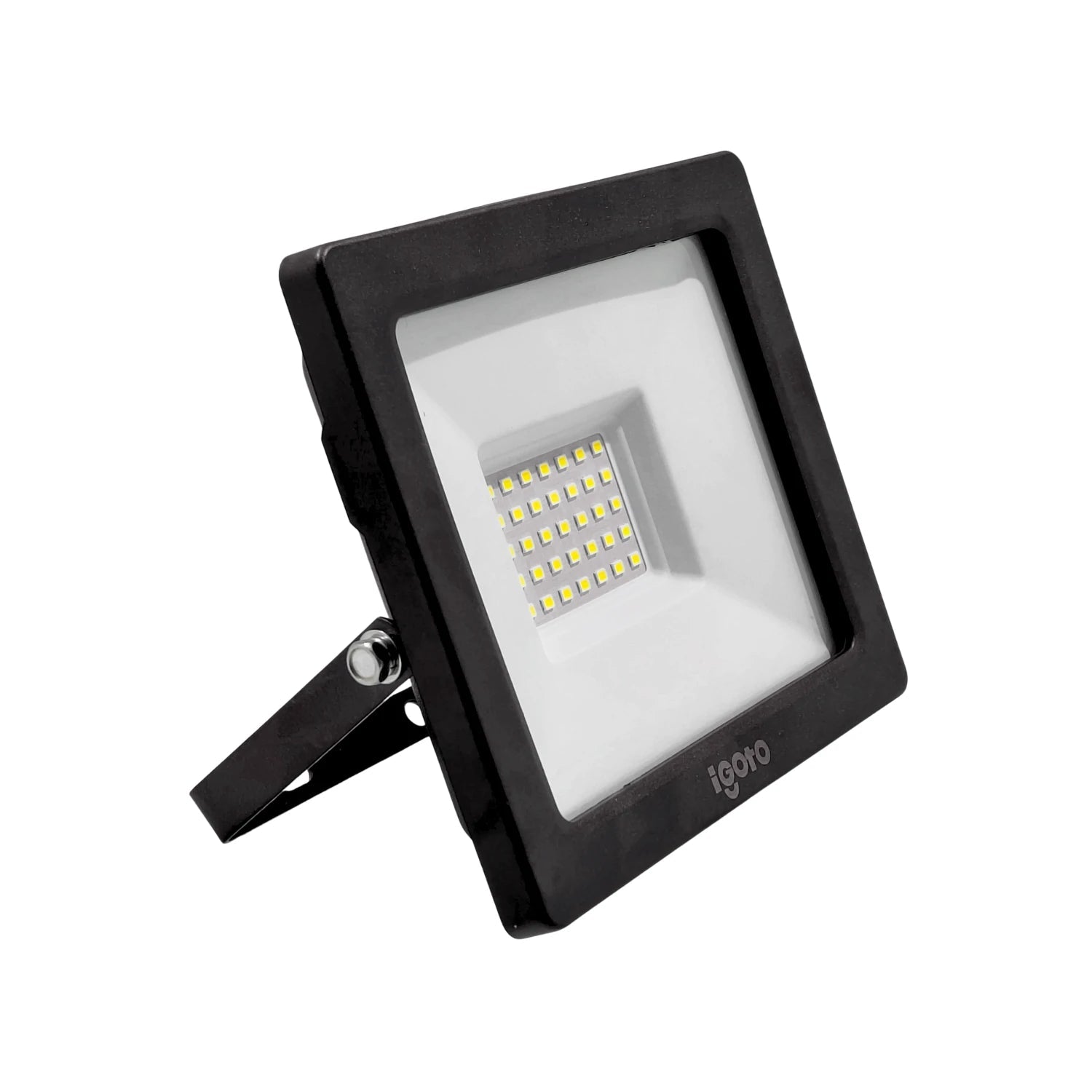 Reflector LED Igoto negro con soporte para iluminación exterior, fachadas, jardines, parking.