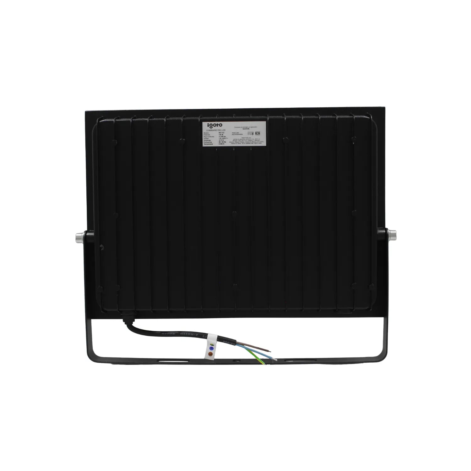 Reflector LED 150W igoto negro para exterior vista posterior con disipador de calor y soporte metálico ajustable.