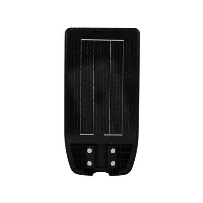 Luminaria solar suburbana negra con panel integrado y soporte de montaje para iluminación LED exterior.