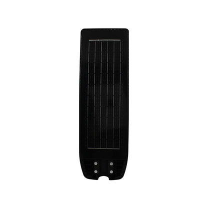 Lámpara solar para alumbrado público con panel integrado y base de montaje para exteriores color negro.
