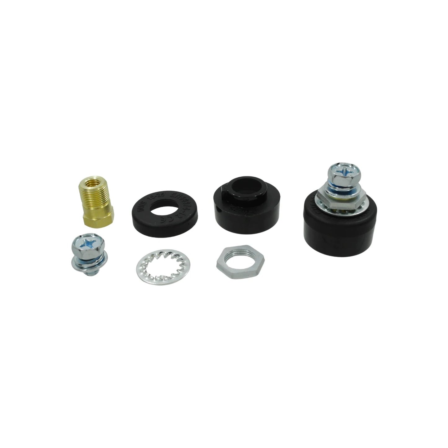 Kit de conexión eléctrica con borne hembra de latón 3/8", aisladores negros, tornillo, tuercas y arandelas.