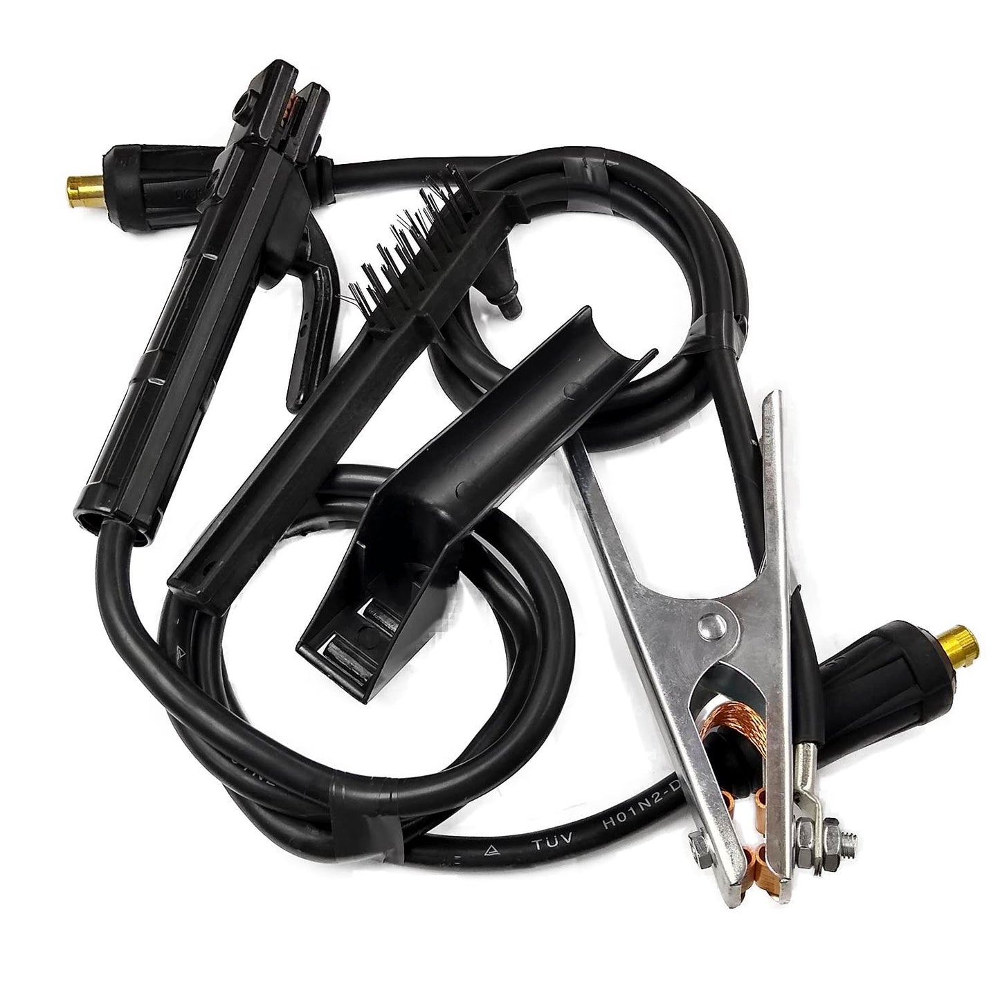 Kit de accesorios de soldadura: pinza porta electrodo, pinza de tierra, cable negro y cepillo de alambre.