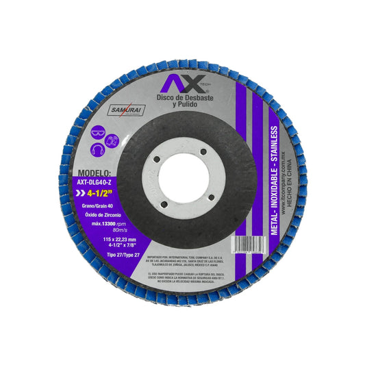 Disco laminado Axtech 4-1/2" grano 40 zirconio azul para desbaste y pulido de metal inoxidable