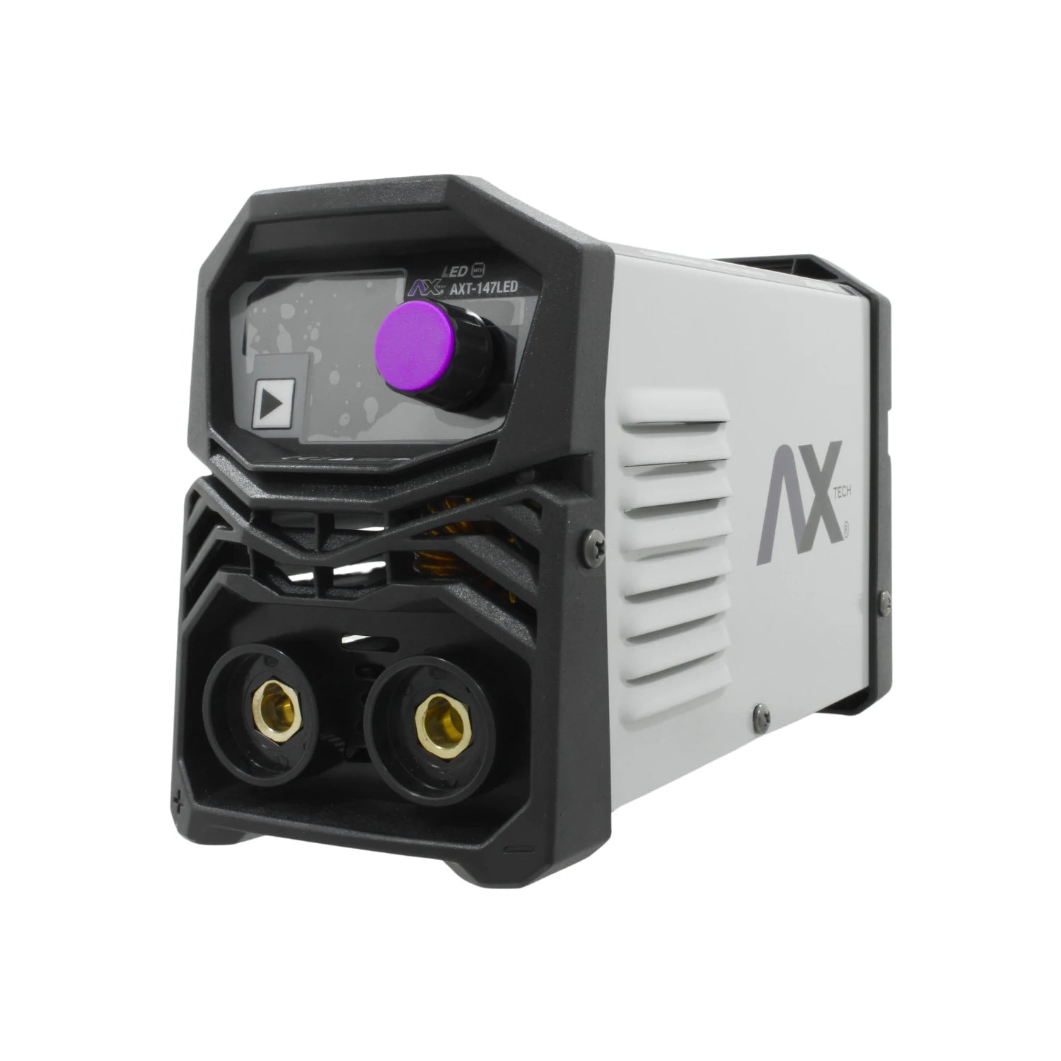 Soldadora inversora Axtech AXT-147LED gris/negro, con pantalla LED y perilla violeta, para soldar.