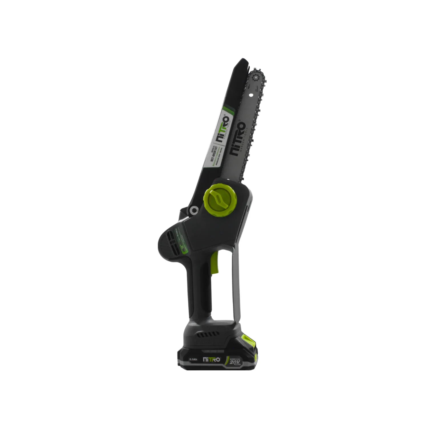 Mini motosierra inalámbrica Nitro 20V con batería de litio para poda y jardinería en color negro y verde.