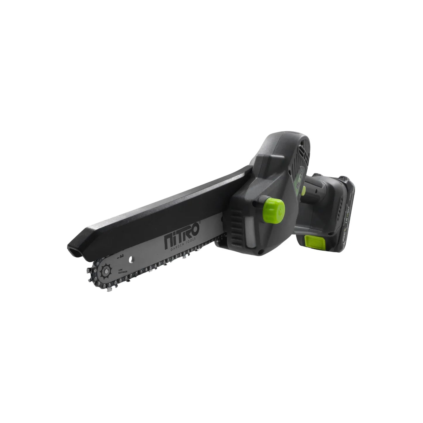 Mini motosierra inalámbrica Nitro Garden Tools de mano para poda con batería recargable gris y verde.