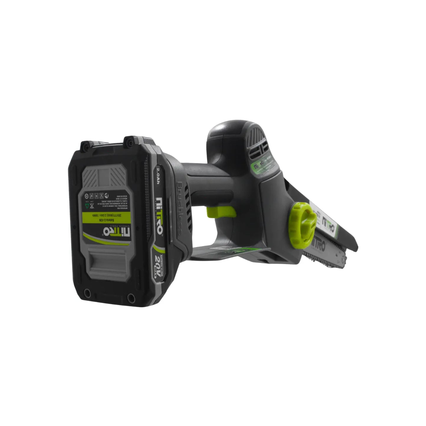 Mini motosierra inalámbrica Nitro 20V motor brushless y batería de litio para poda de jardín
