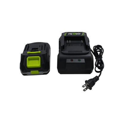 Cargador y batería NITRO para herramientas de jardín inalámbricas color negro y verde