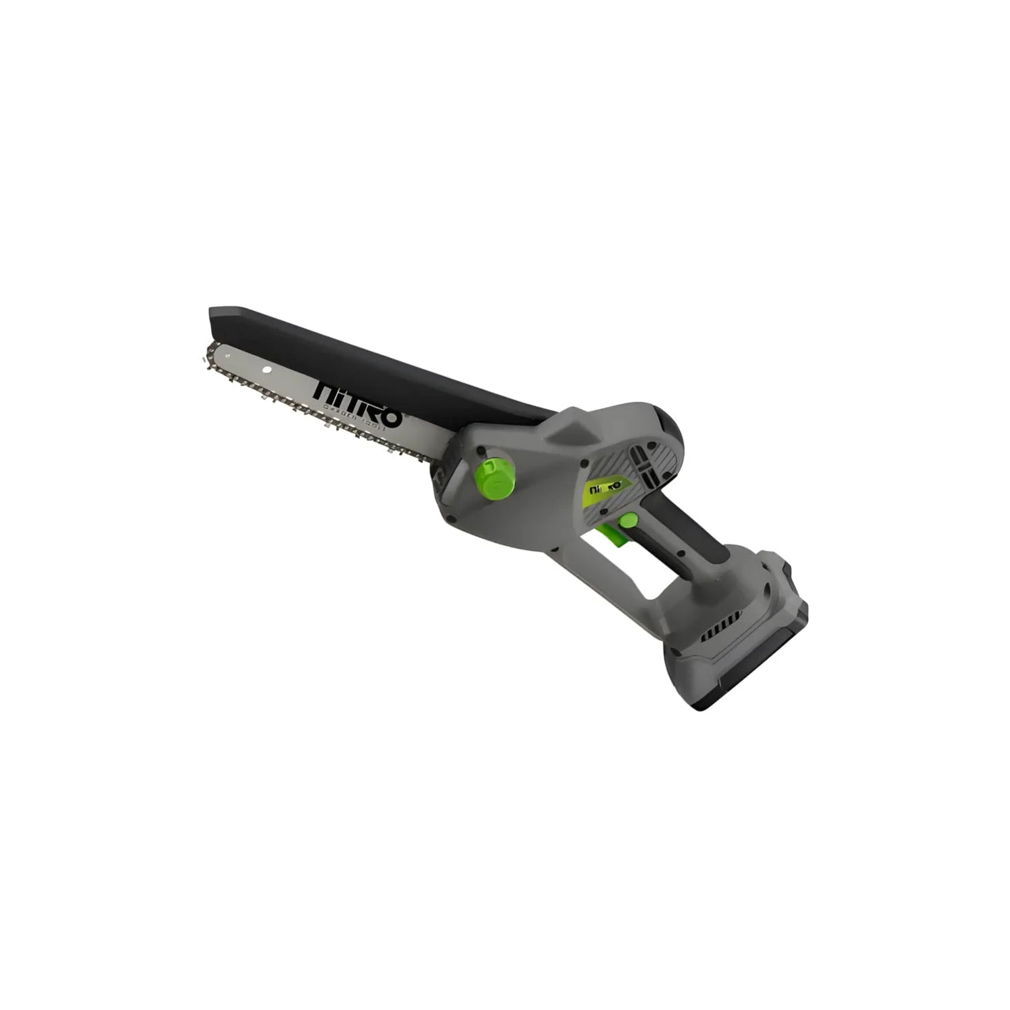 Motosierra inalámbrica Nitro 8" 420W a batería, color gris y verde, ideal poda y jardín.