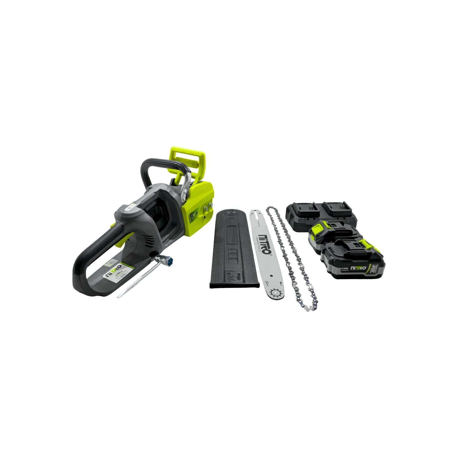 Motosierra inalámbrica Nitro verde 16 pulg. con 2 baterías 20V 4.0Ah y accesorios para corte de madera.