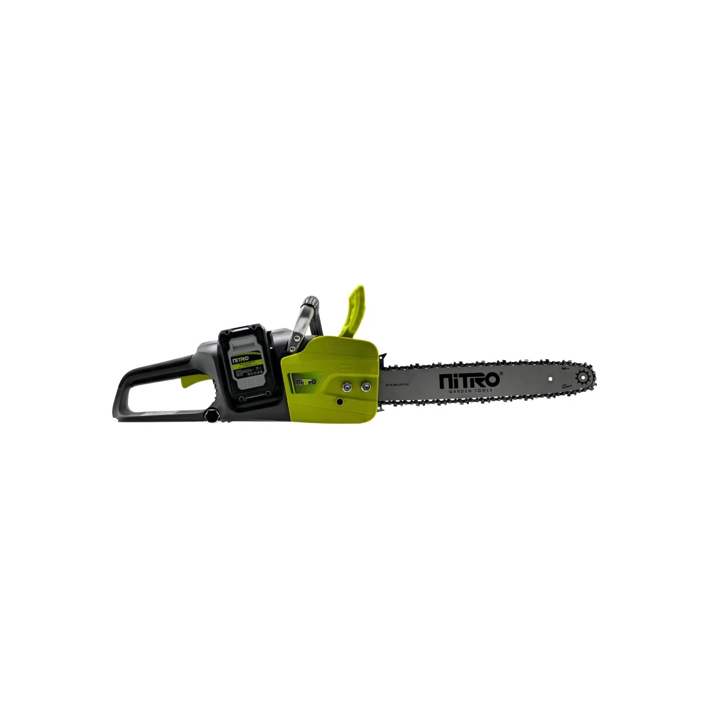 Motosierra inalámbrica Nitro 16" brushless, verde y negra, con batería, para poda y corte de madera.
