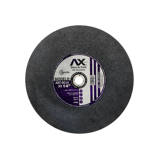 Disco de corte metal Axtech AXT-DC14 14 pulgadas, abrasivo gris, herramienta de alto desempeño.