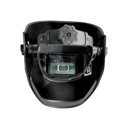 Careta para soldar automática negra, vista interior con filtro ADF y diadema ajustable para protección del soldador.