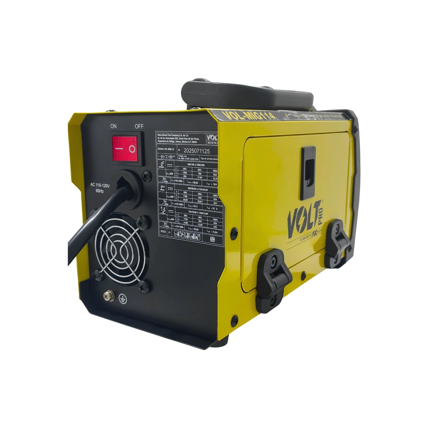 Soldadora inversora MIG/MMA Volt MGI114 amarilla/negra, panel trasero con entrada 110V y switch ON/OFF