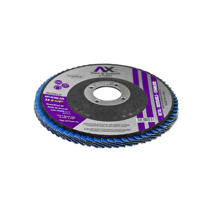 Disco flap AX de zirconio grano 60 de 4-1/2 pulgadas para desbaste y pulido de acero inoxidable y metal.