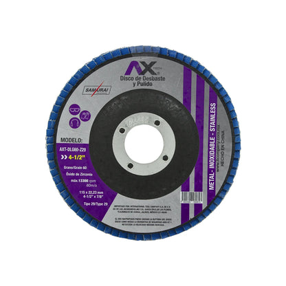 Disco flap AX Tech de circonio grano 60 para desbaste de metal y acero inoxidable 4-1/2 pulgadas tipo 29.