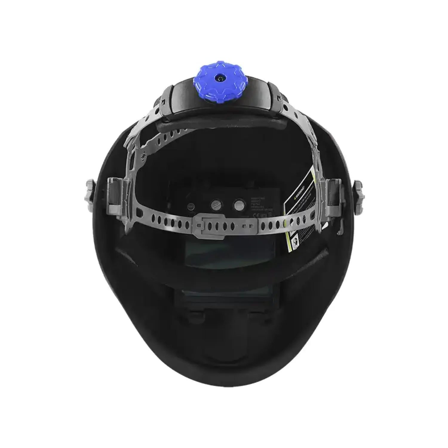Careta de soldar automática negra con perilla de ajuste azul, vista interior del arnés y filtro ADF