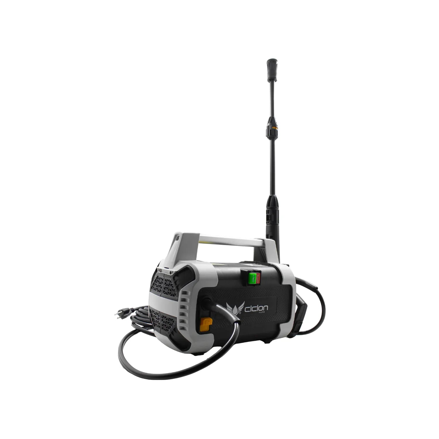 Hidrolavadora eléctrica portátil Ciclon Flow color gris y negro con lanza de extensión y manguera de alta presión.